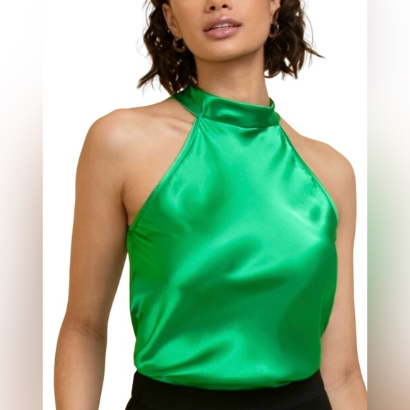 Tash & Sophie Tops - Tash + Sophie High Neck Halter Blouse in Emerald Green Satin - Size Medium 💚